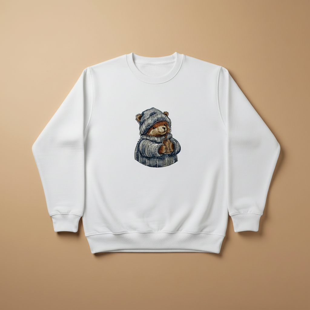 Cozy Cocoa Bear Machine Embroidered Sweatshirt – Hand Finished in Dubai | EmbroMania