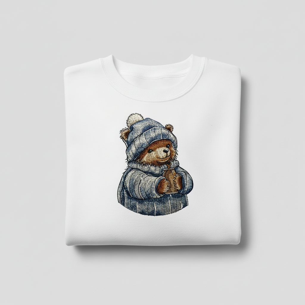 Cozy Cocoa Bear Machine Embroidered Sweatshirt – Hand Finished in Dubai | EmbroMania