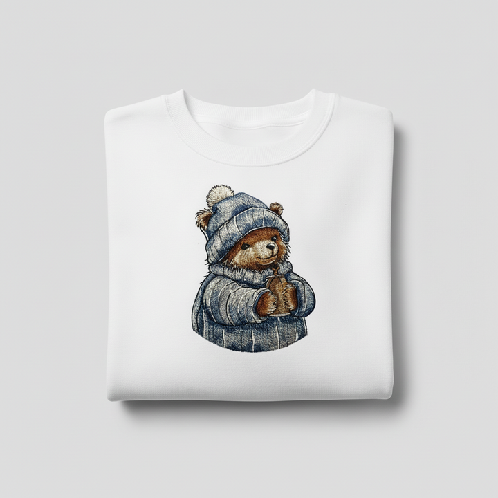 Cozy Cocoa Bear Machine Embroidered Sweatshirt – Hand Finished in Dubai | EmbroMania