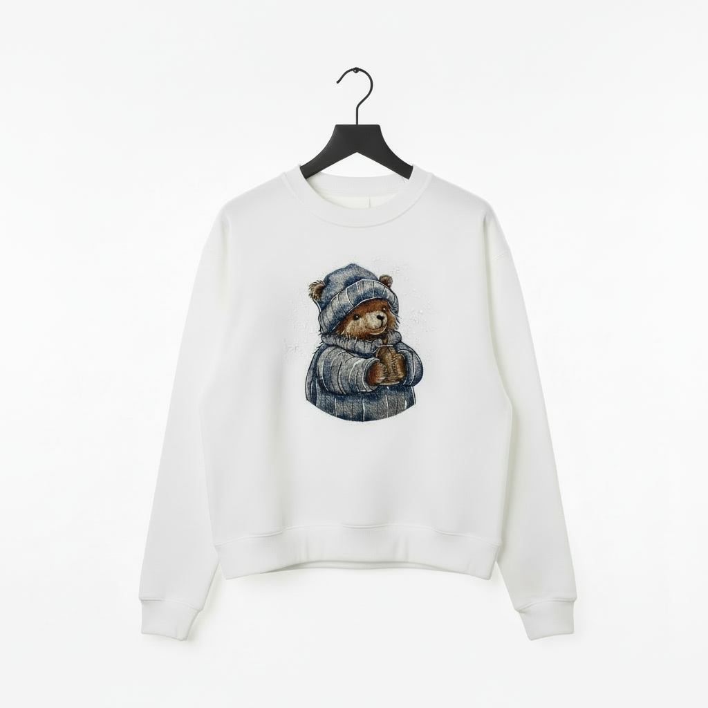 Cozy Cocoa Bear Machine Embroidered Sweatshirt – Hand Finished in Dubai | EmbroMania