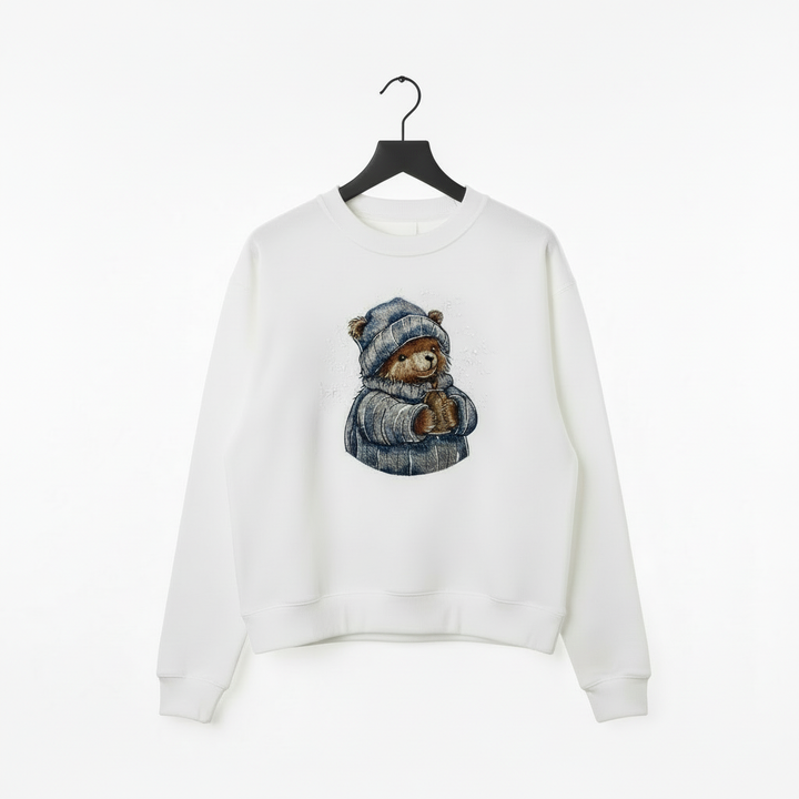 Cozy Cocoa Bear Machine Embroidered Sweatshirt – Hand Finished in Dubai | EmbroMania
