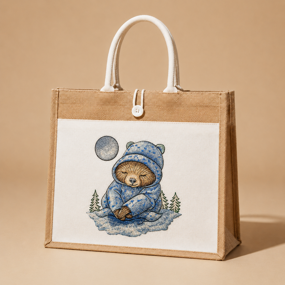 Jute bag with a bear illustration on a beige background