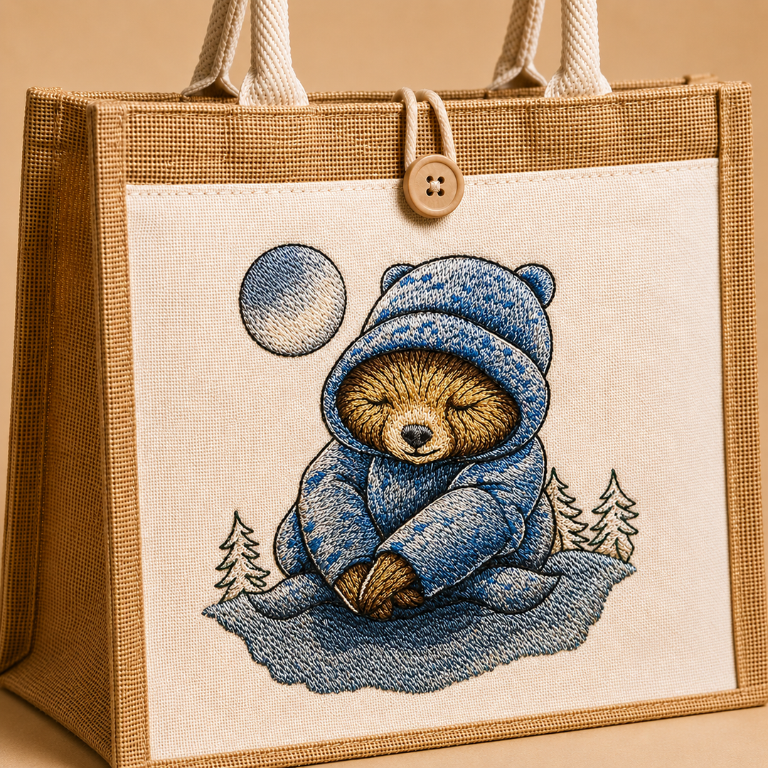 Cozy Winter Sloth Machine Embroidered Jute Tote – Hand Finished in Dubai | EmbroMania