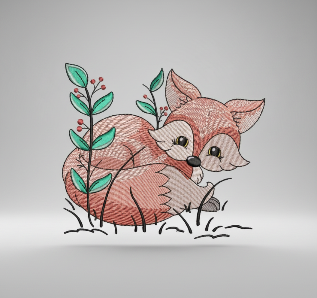 Embroidered design of a fox surrounded by leaves and branches on a white background