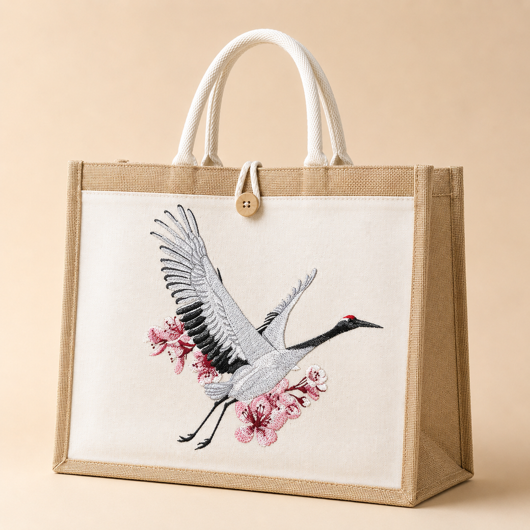 Crane Cherry Blossoms Machine Embroidered Jute Tote – Hand Finished in Dubai | EmbroMania