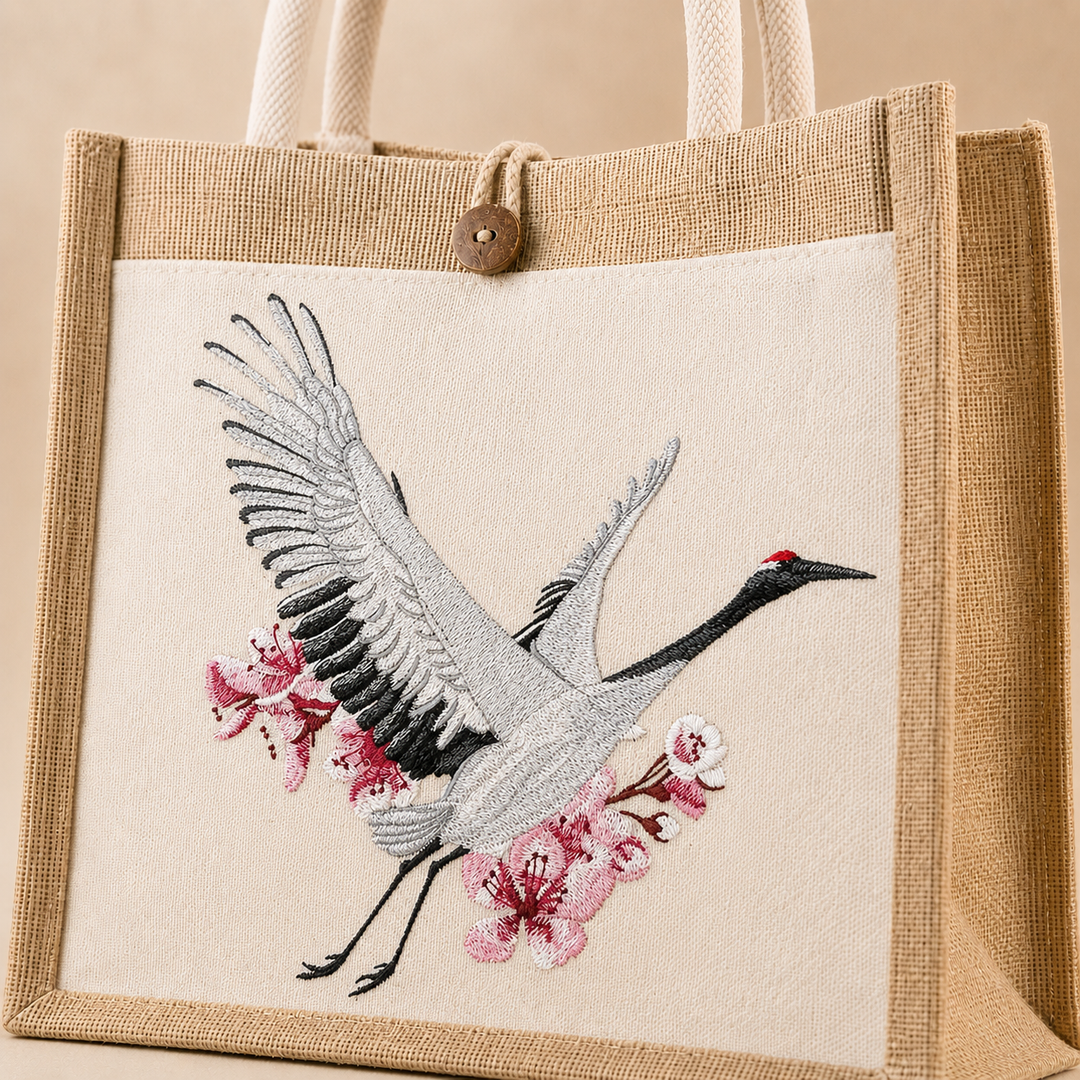 Tote bag with embroidered crane and cherry blossoms design on a beige background