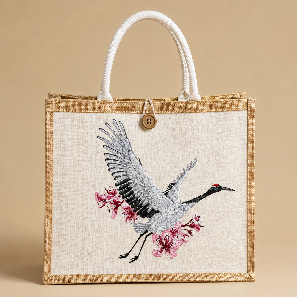 Tote bag with embroidered crane and cherry blossoms on a beige background