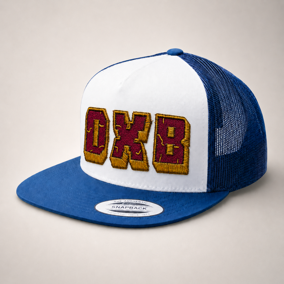 Blue and white trucker cap with &