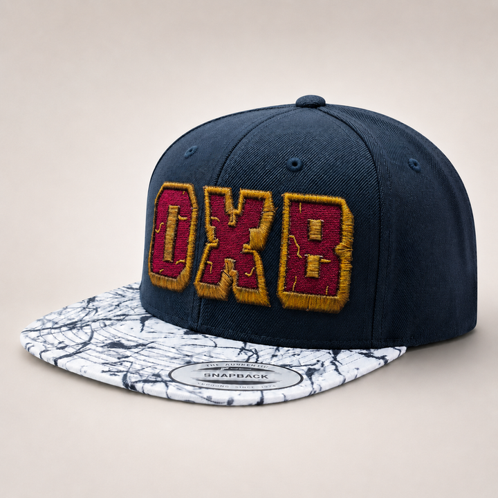 Navy blue snapback cap with maroon and gold &