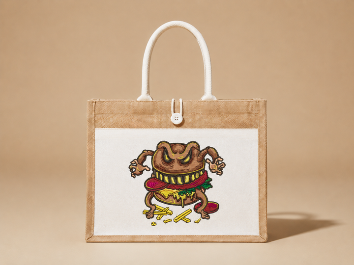 Tote bag with a cartoonish toad design on a beige background