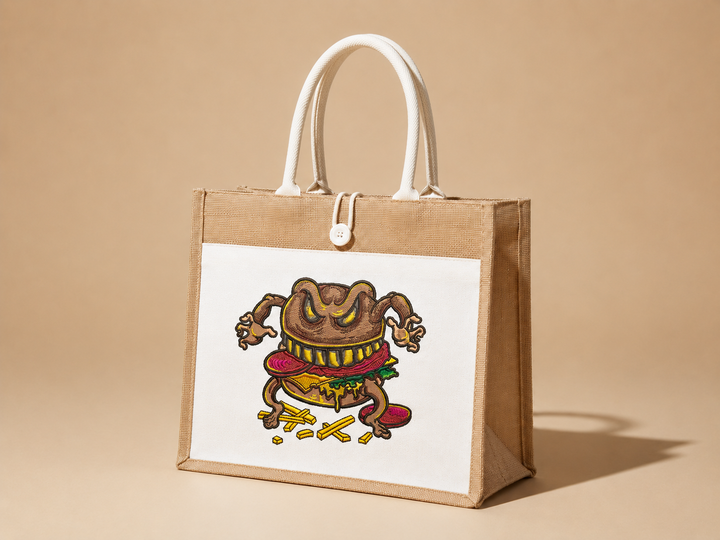 Brown tote bag with a graphic design on a beige background
