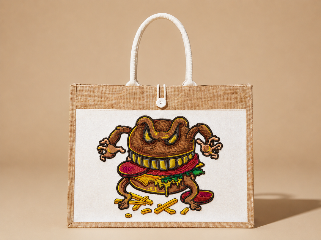 Tote bag with a cartoonish hot dog and bun design on a beige background