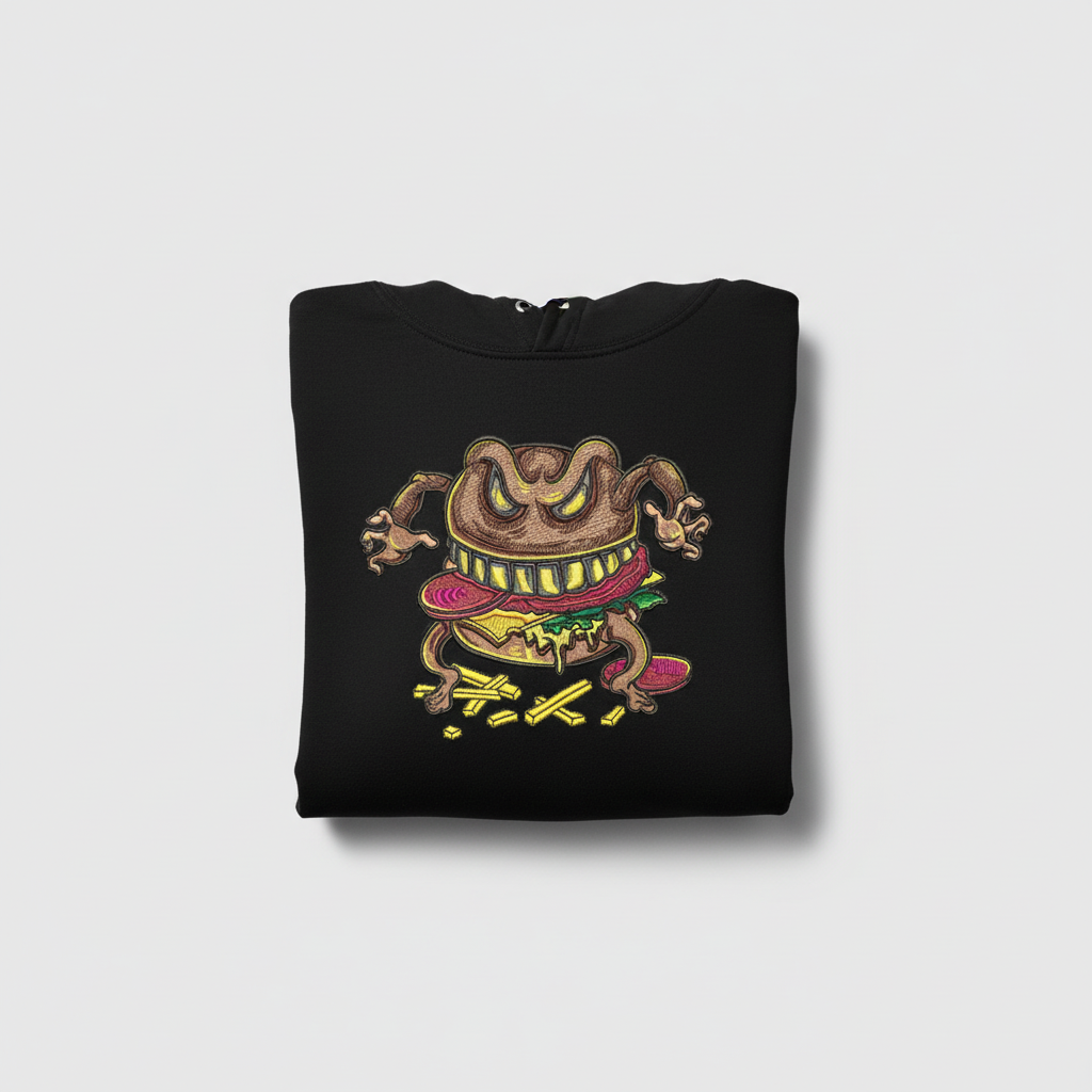 Cursed Burger Machine Embroidered Hoodie – Hand Finished in Dubai | EmbroMania