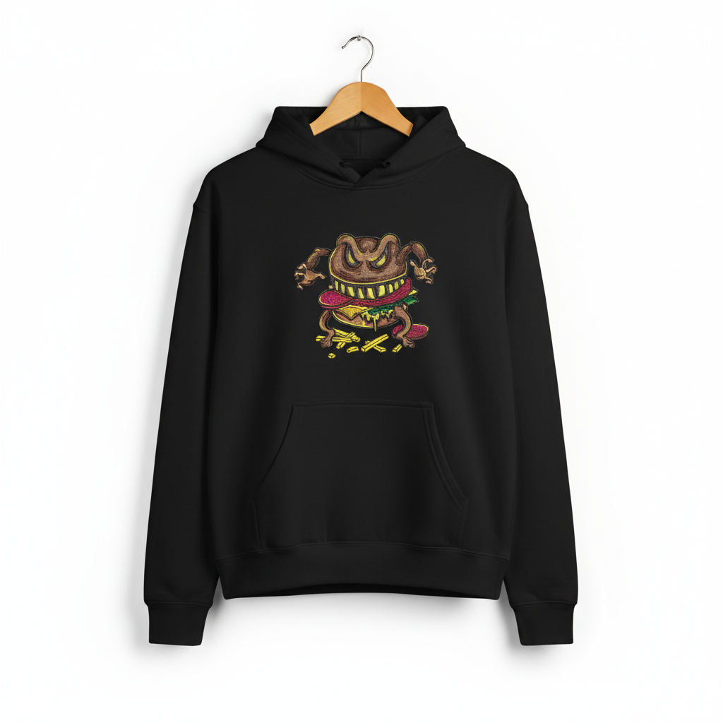 Cursed Burger Machine Embroidered Hoodie – Hand Finished in Dubai | EmbroMania