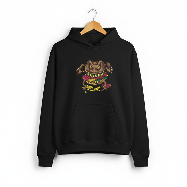 Cursed Burger Machine Embroidered Hoodie – Hand Finished in Dubai | EmbroMania