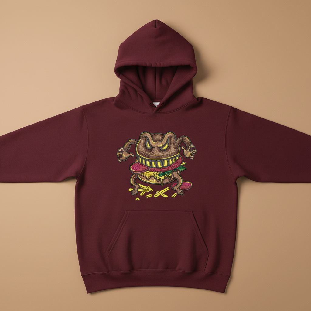 Cursed Burger Machine Embroidered Hoodie – Hand Finished in Dubai | EmbroMania