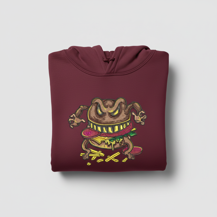 Cursed Burger Machine Embroidered Hoodie – Hand Finished in Dubai | EmbroMania