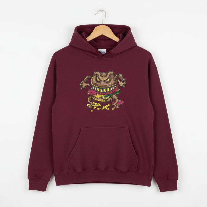 Cursed Burger Machine Embroidered Hoodie – Hand Finished in Dubai | EmbroMania