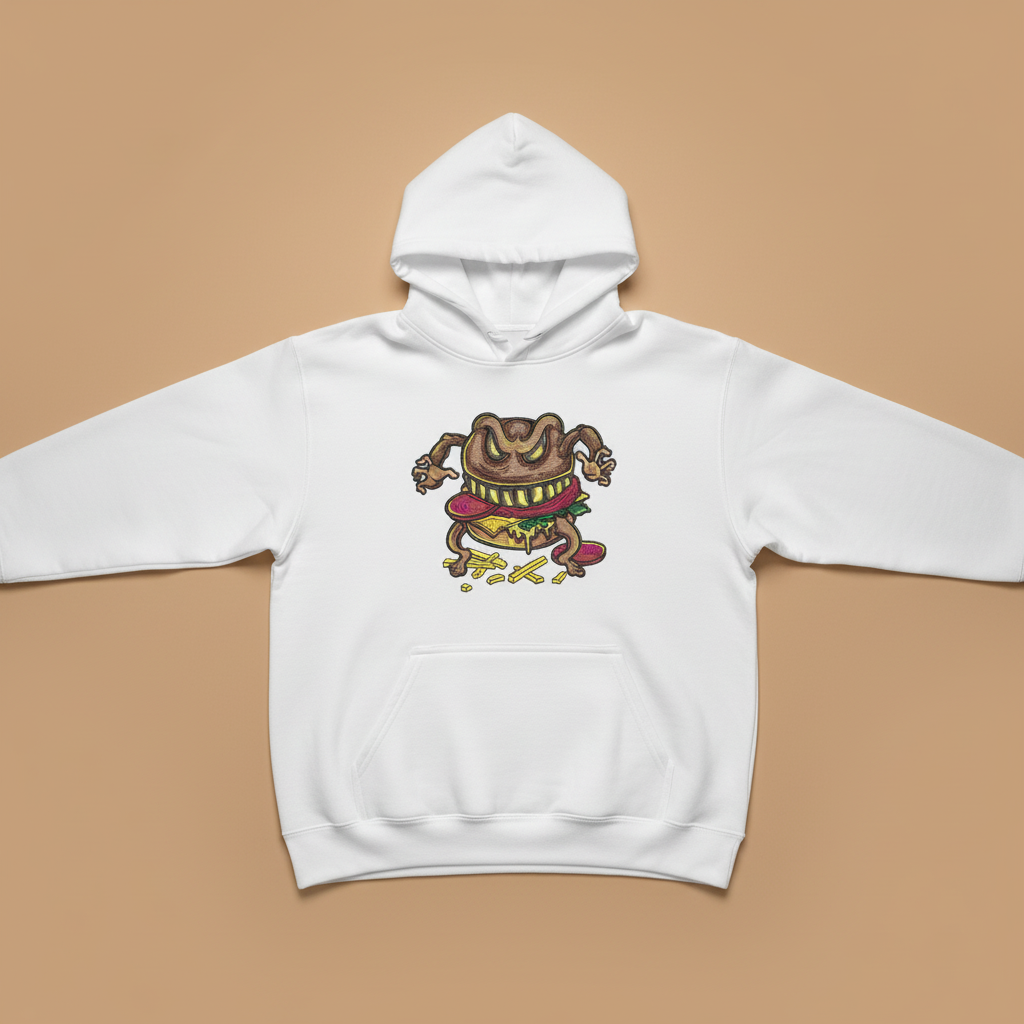 Cursed Burger Machine Embroidered Hoodie – Hand Finished in Dubai | EmbroMania