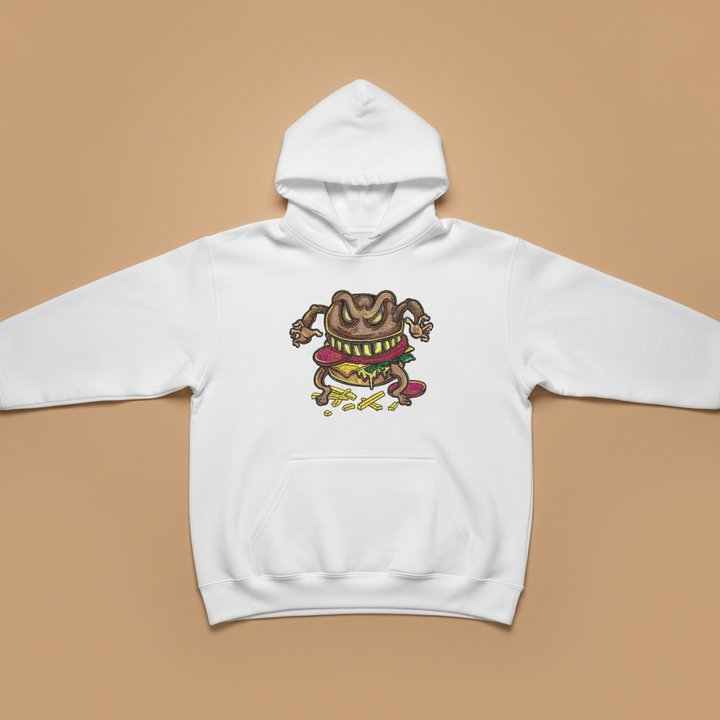 Cursed Burger Machine Embroidered Hoodie – Hand Finished in Dubai | EmbroMania