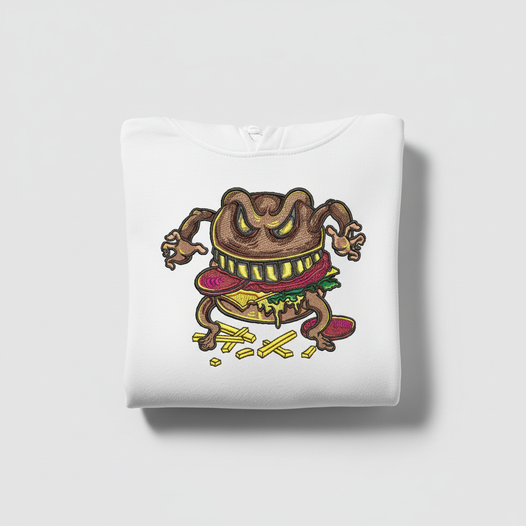 Cursed Burger Machine Embroidered Hoodie – Hand Finished in Dubai | EmbroMania