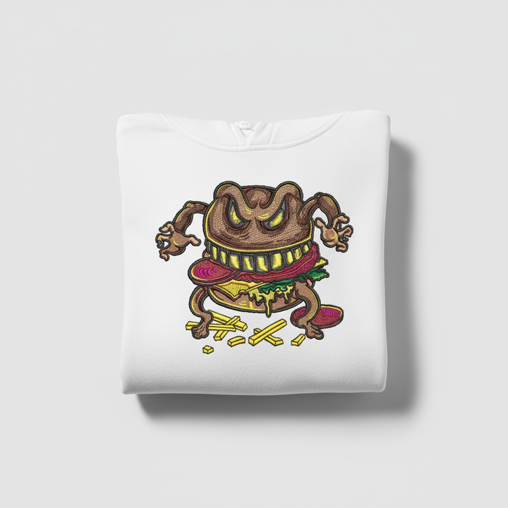 Cursed Burger Machine Embroidered Hoodie – Hand Finished in Dubai | EmbroMania