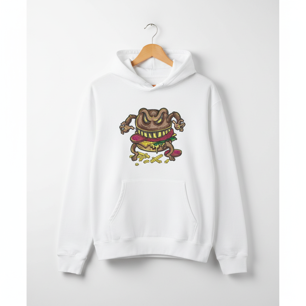 Cursed Burger Machine Embroidered Hoodie – Hand Finished in Dubai | EmbroMania
