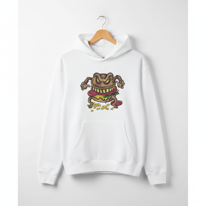 Cursed Burger Machine Embroidered Hoodie – Hand Finished in Dubai | EmbroMania