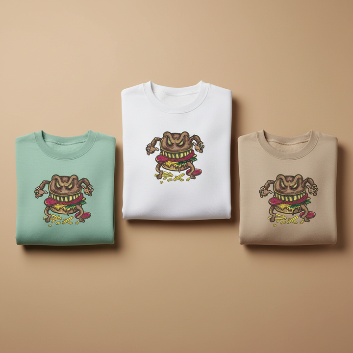 Funky Foodie Cursed Burger Monster — Premium Embroidered Sweatshirt | Original EmbroMania Design