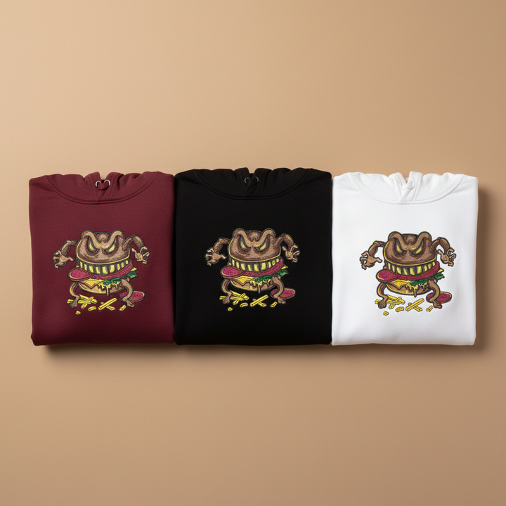 Cursed Burger Machine Embroidered Hoodie – Hand Finished in Dubai | EmbroMania