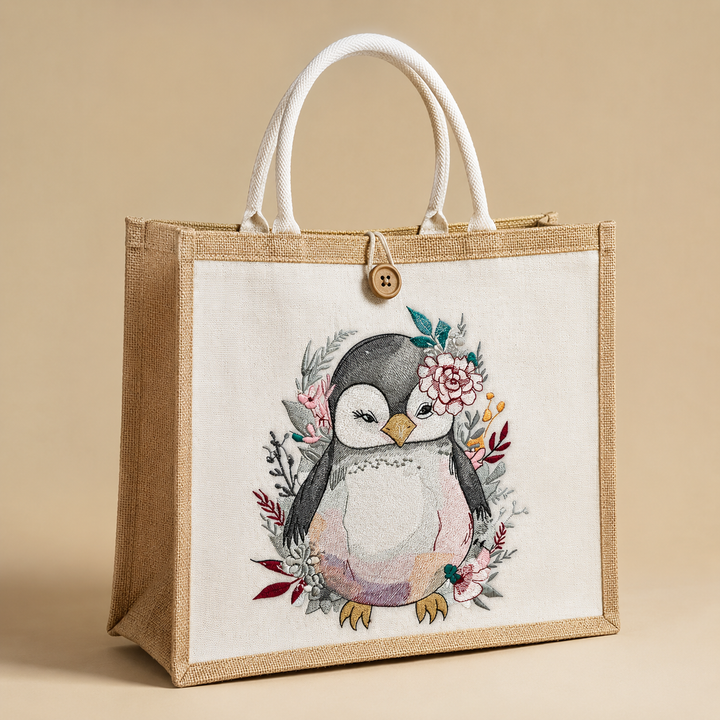 Jute bag with a penguin design on a beige background