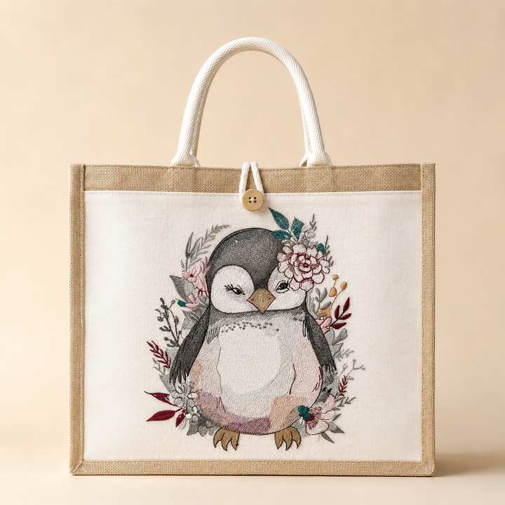 Tote bag with a penguin design and floral elements on a beige background