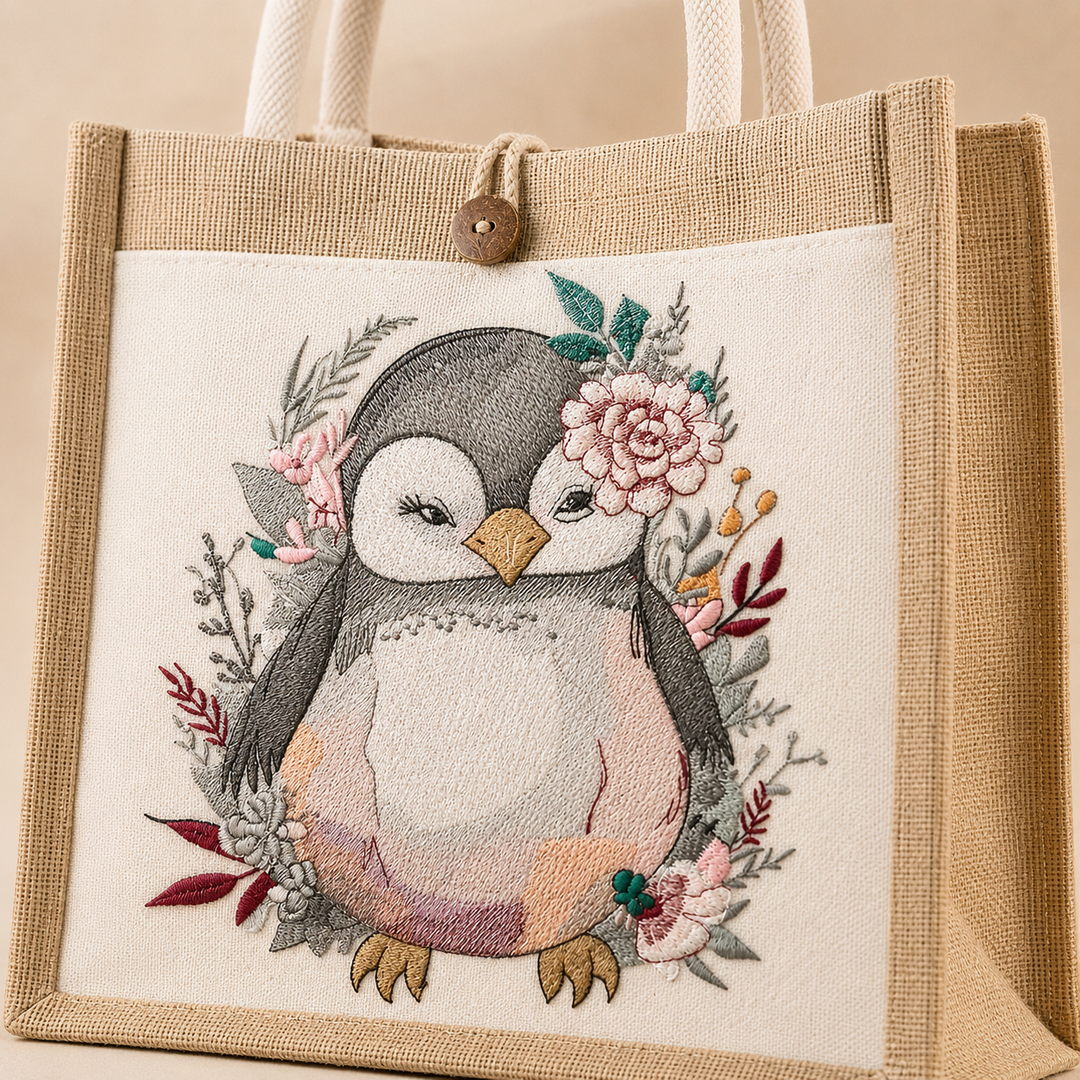 Tote bag with embroidered penguin design on a beige background