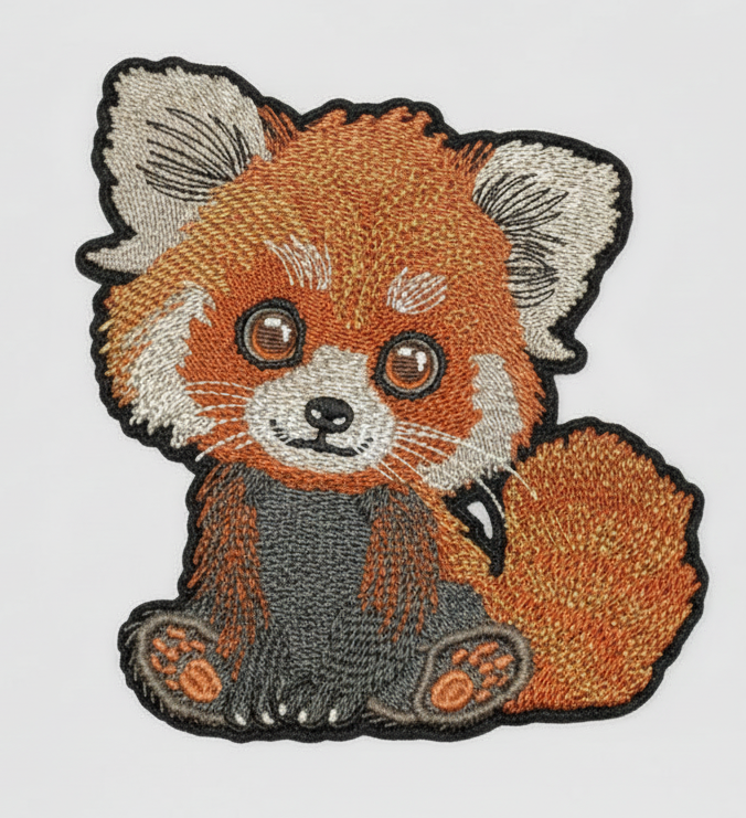 Detailed embroidered red panda with orange and white fur, big eyes, and a fluffy tail, outlined in black on a light background.