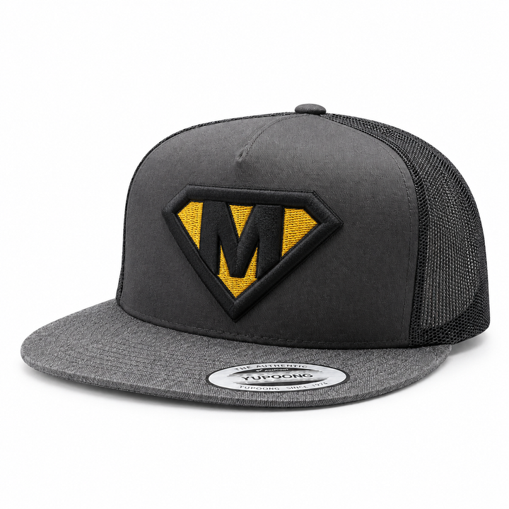 Dark Knight – Charcoal Snapback with Black and Gold 3D Puff Superman Shield Initial | Hand Finished in Dubai | EmbroMania