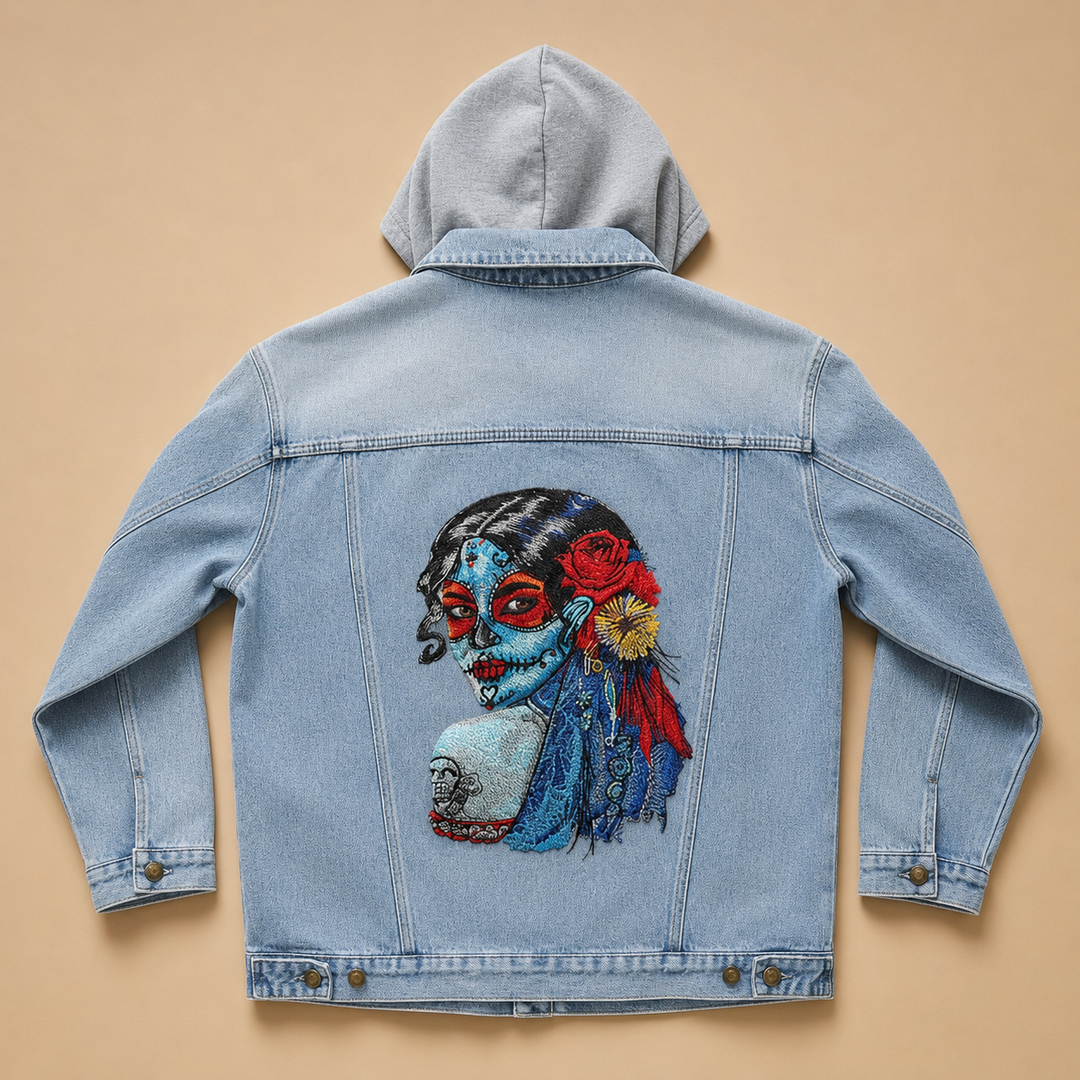 Daydream Muse Sugar Skull – Denim Hoodie Jacket Mockup | Hand Finished in Dubai