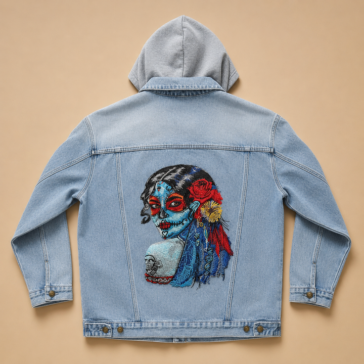 Daydream Muse Sugar Skull – Denim Hoodie Jacket Mockup | Hand Finished in Dubai