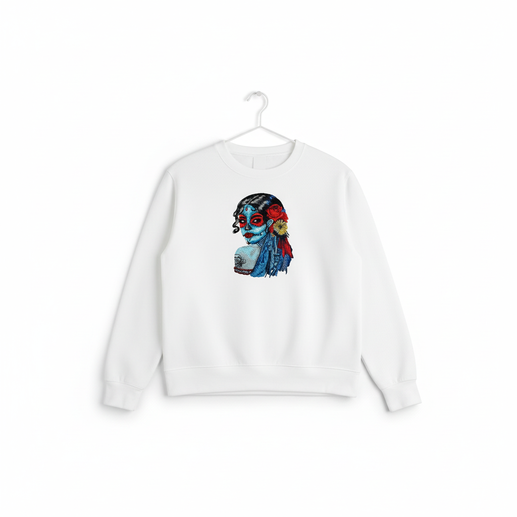 Daydream Muse Sugar Skull — Premium Embroidered Sweatshirt | Original EmbroMania Design