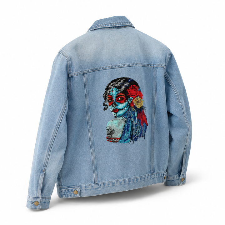 Denim Sparkle Premium Denim Jacket – Daydream Muse Sugar Skull embroidered – Artistic Calavera in turquoise, magenta, and gold with floral accents | Hand Finished in Dubai