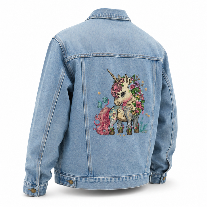 Denim Sparkle Premium Denim Jacket – Enchanted Floral Unicorn embroidered design – Elegant unicorn with magenta mane surrounded by elaborate pink roses and green leaves | Hand Finished in Dubai