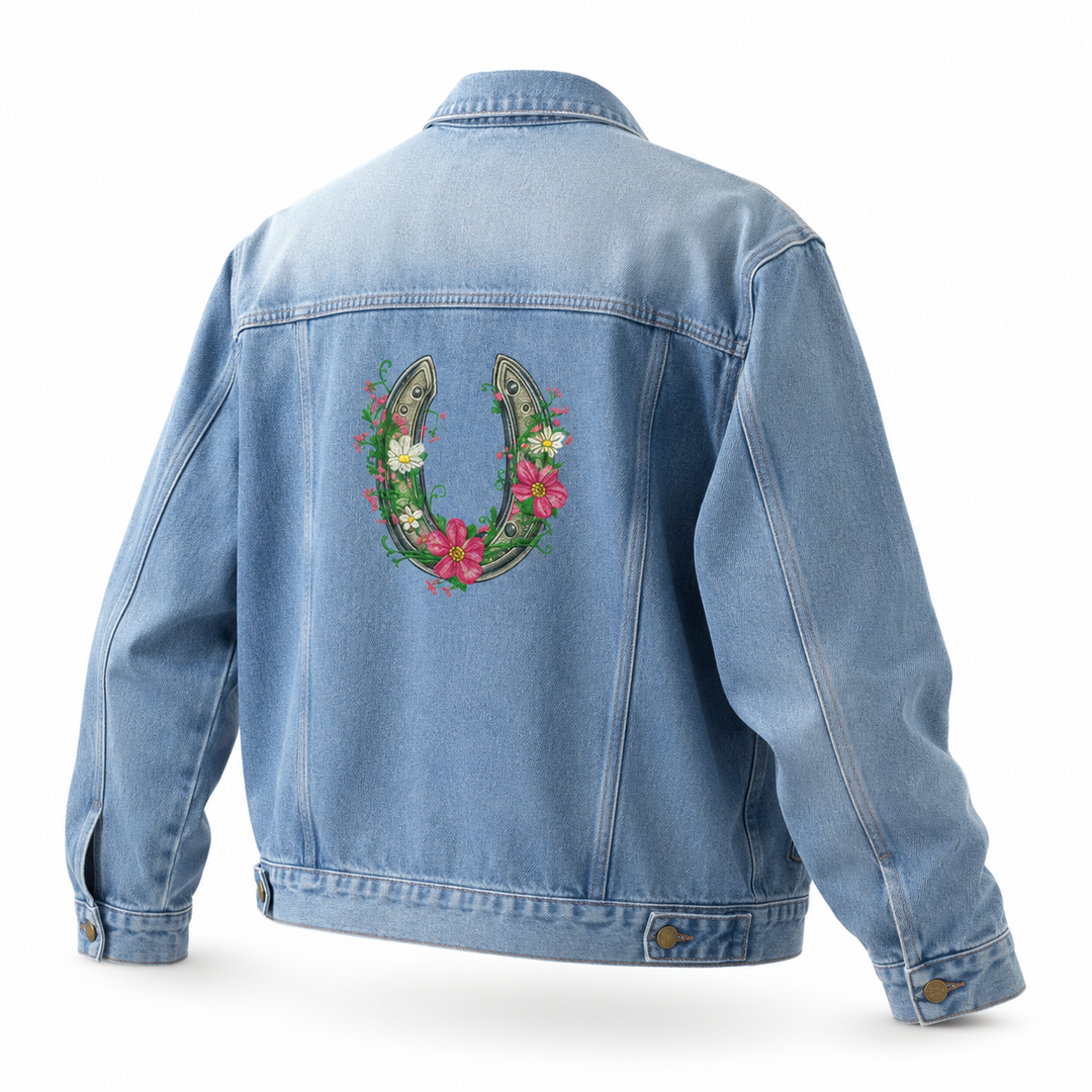 Denim Sparkle Premium Denim Jacket – Floral Horseshoe Charm embroidered – Antique gold horseshoe surrounded by delicate magenta flowers and green foliage | Hand Finished in Dubai