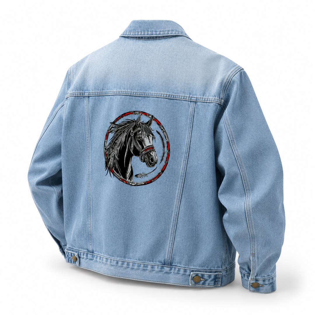 Denim Sparkle Premium Denim Jacket – Free Spirit Horse Emblem embroidered – Black and brown horse head in bold circular frame with red border | Hand Finished in Dubai