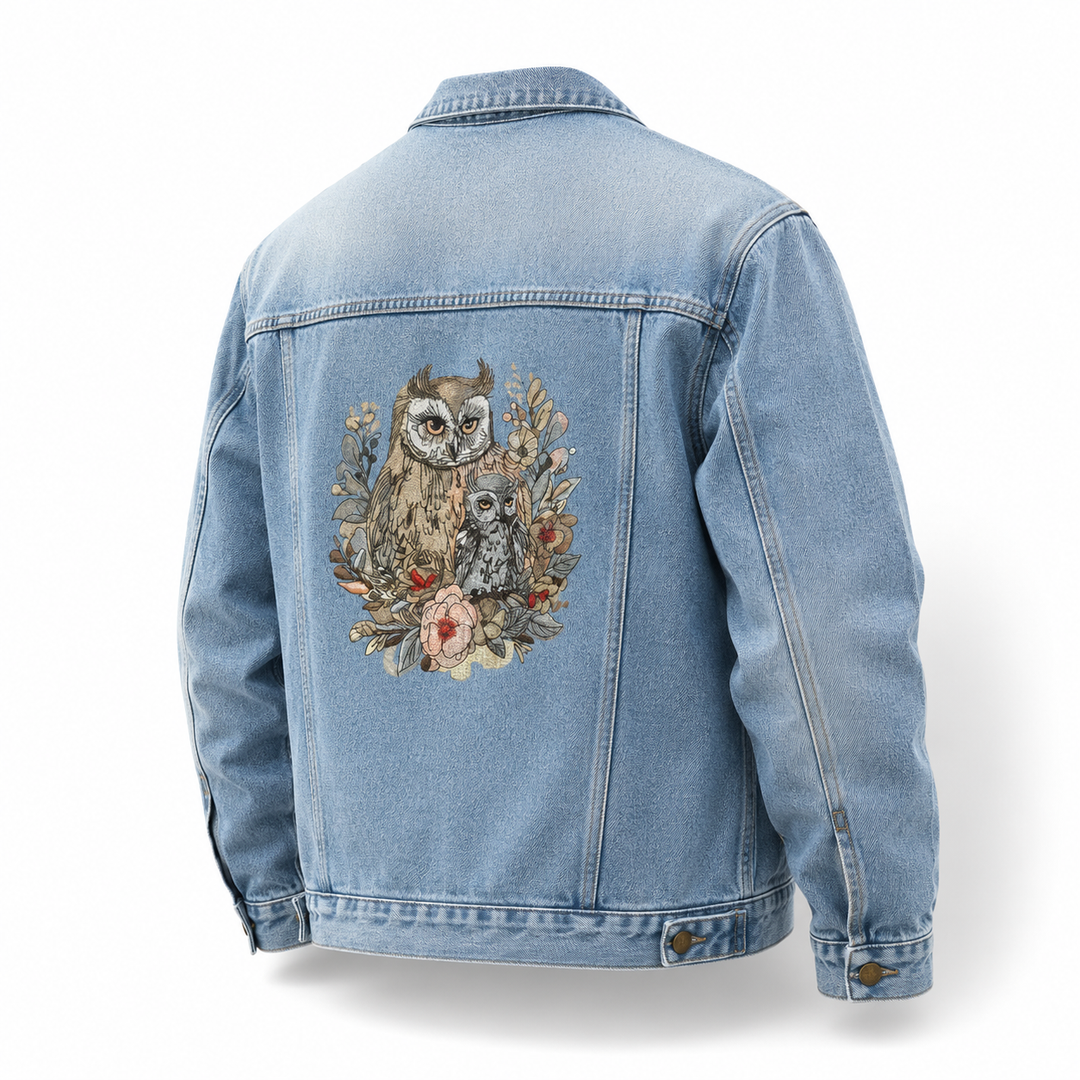 Denim Sparkle Premium Denim Jacket – Mama Baby Owl embroidered back panel – Mother owl with baby owl nestled together surrounded by botanical elements and flowers | Hand Finished in Dubai