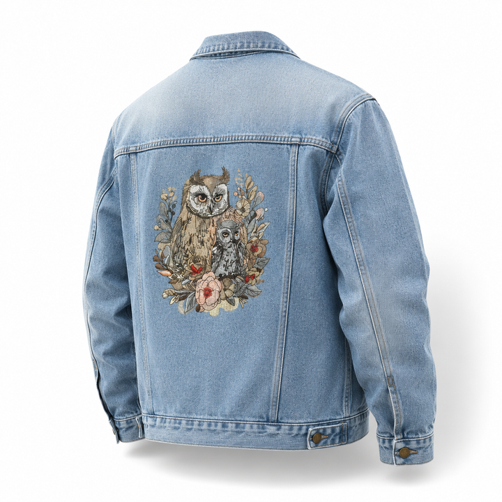 Denim Sparkle Premium Denim Jacket – Mama Baby Owl embroidered back panel – Mother owl with baby owl nestled together surrounded by botanical elements and flowers | Hand Finished in Dubai