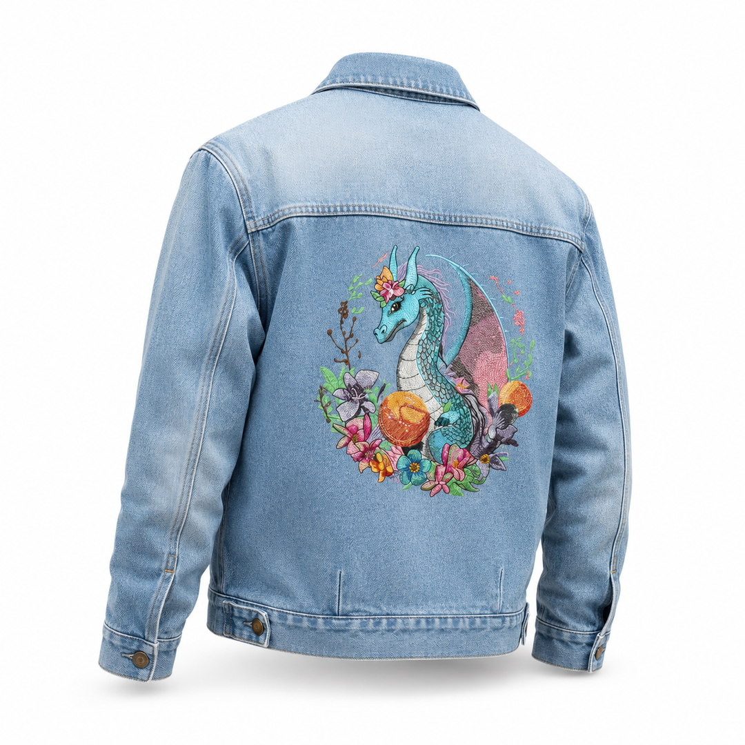 Denim Sparkle Premium Denim Jacket – Midnight Garden Dragon embroidered back – Majestic jewel-tone dragon coiled with ornate garden flowers in teal, pink, and gold | Hand Finished in Dubai