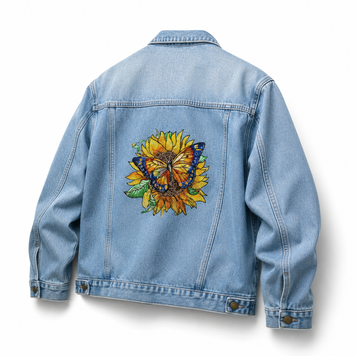 Denim Sparkle Premium Denim Jacket – Sunflower Butterfly embroidered design – Golden sunflower with graceful orange and blue butterfly landing on petals | Hand Finished in Dubai