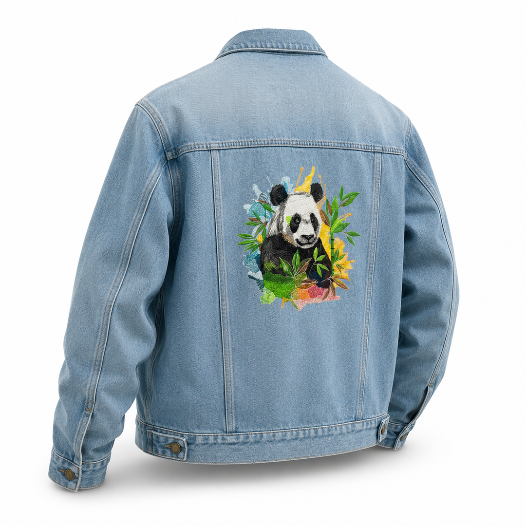 Denim Sparkle Premium Denim Jacket – Vivid Panda Bamboo embroidered design – Playful panda with gold crown surrounded by green bamboo and colorful flowers | Hand Finished in Dubai