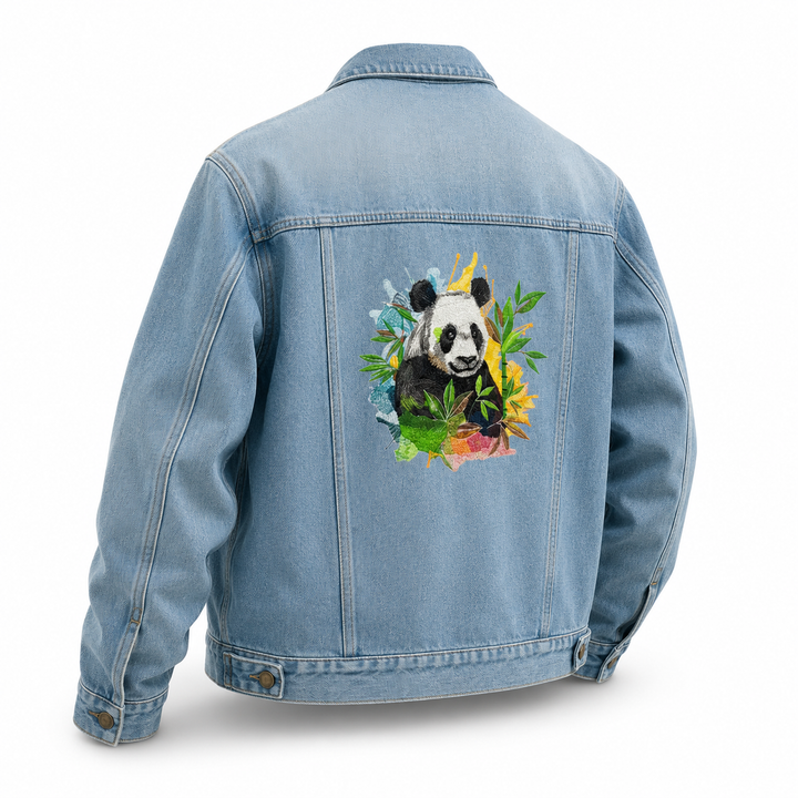 Denim Sparkle Premium Denim Jacket – Vivid Panda Bamboo embroidered design – Playful panda with gold crown surrounded by green bamboo and colorful flowers | Hand Finished in Dubai