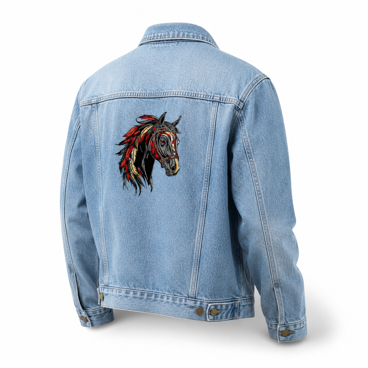 Denim Sparkle Premium Denim Jacket – Wild Spirit Horse embroidered back panel – Dynamic horse head with vibrant red, gold, and cream mane threads | Hand Finished in Dubai