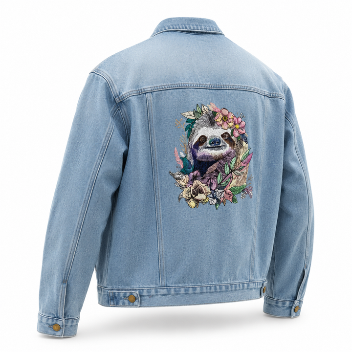 Denim Sparkle Premium Denim Jacket – Woodland Sloth Bloom embroidered back – Adorable sloth with gentle smile surrounded by layered botanical flowers in soft pastels | Hand Finished in Dubai